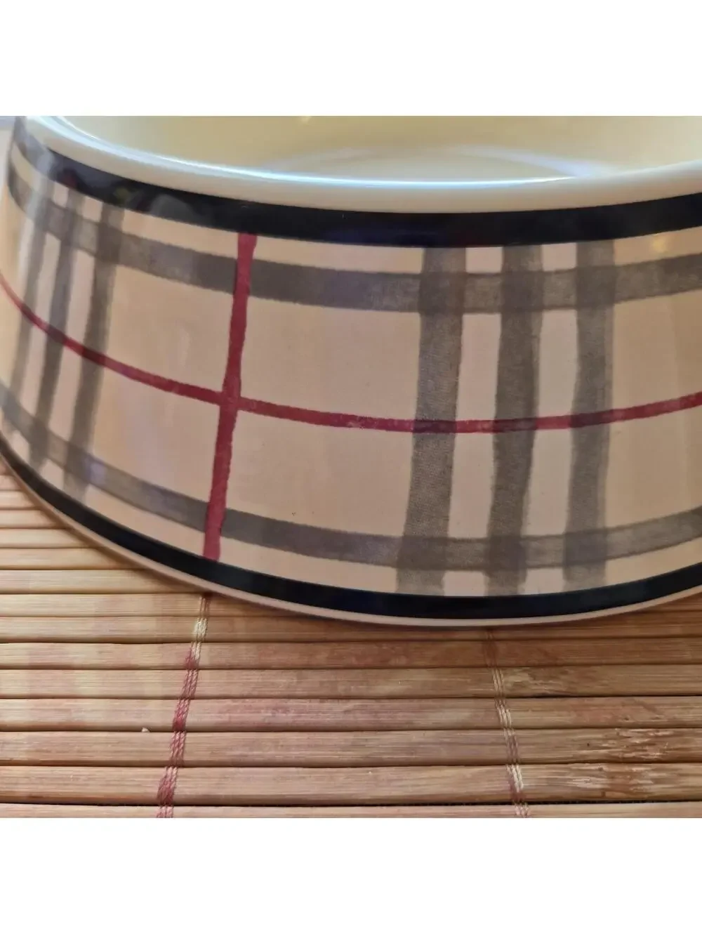 Burberry Nova Ceramic Standard Dog Bowl Plaid Pattern Beige Black Red Gray